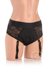 Load image into Gallery viewer, Strap U Laced Seductress Lace Crotchless Panty Harness with Garter Strap