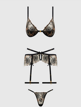 Load image into Gallery viewer, HOUSE OF DESIRE: DELILAH EMBROIDERED PUSH UP BRA, GARTER & THONG SET