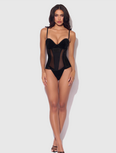 Load image into Gallery viewer, HOUSE OF DESIRE: JULIET SATIN & MESH PLUNGE UNDERWIRE CORSET