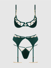 Load image into Gallery viewer, *Sale Item* HOUSE OF DEISRE: Evangeline Satin & Chain Bra, Thigh Garter & G-String Set