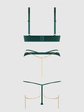 Load image into Gallery viewer, *Sale Item* HOUSE OF DEISRE: Evangeline Satin & Chain Bra, Thigh Garter & G-String Set
