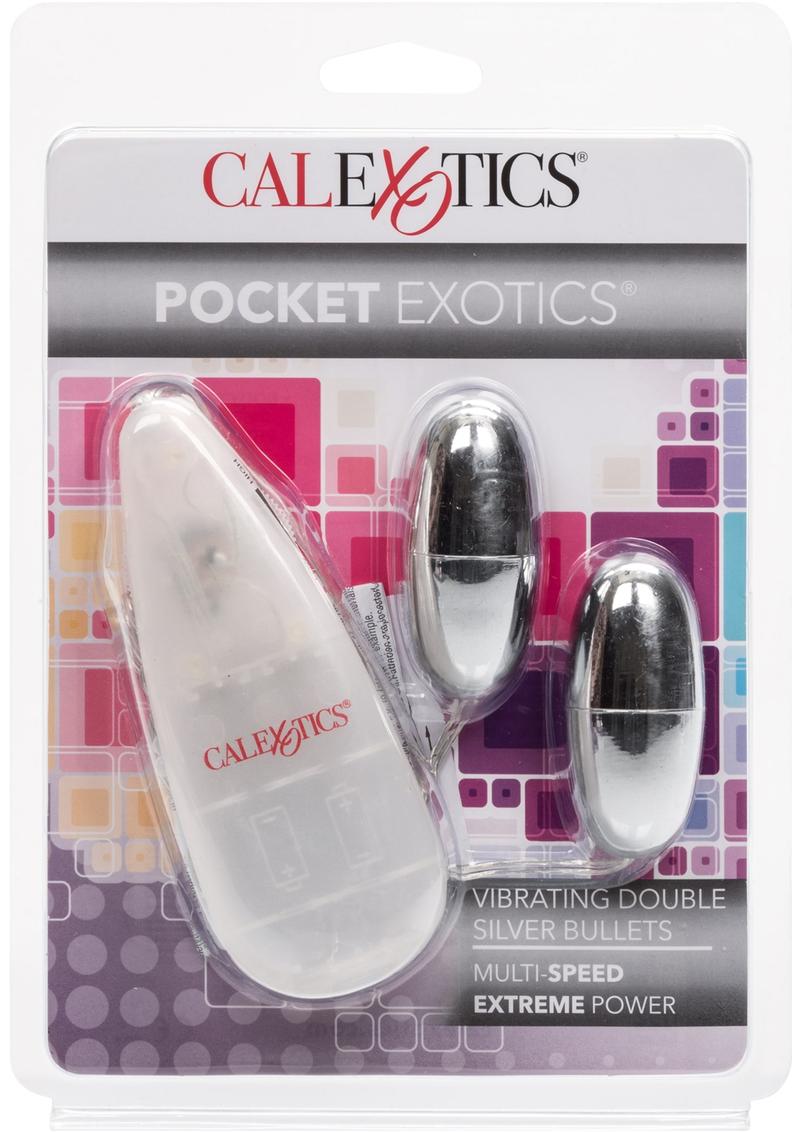 Pocket Exotics Vibrating Double Silver Bullets with Wired Remote Control - Silver