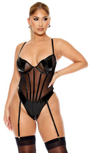 Load image into Gallery viewer, FORPLAY: Opposites Attract Mesh and Vinyl Corset Style Teddy - Black
