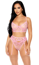 Load image into Gallery viewer, FORPLAY: Heart You Embroidered Bra and Garter Belt Lingerie Set - Pink
