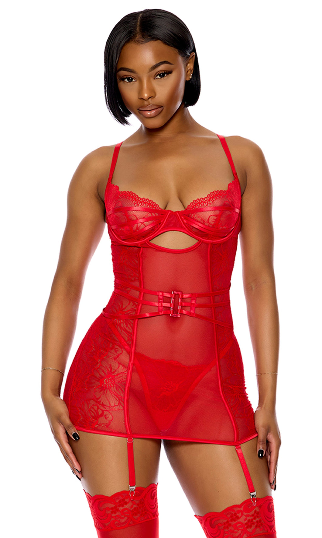 Forplay: Thirst Strap Strappy Lace Chemise Lingerie Set - Rose