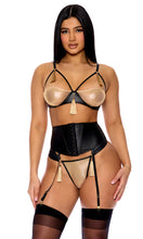 Load image into Gallery viewer, Forplay: Show Stopper Metallic Mesh Bra and Waist Cincher Lingerie Set - Black Gold
