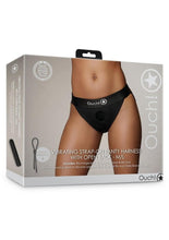 Load image into Gallery viewer, Ouch! Vibrating Strap-On Panty Harness with Open Back with Rechargeable Bullet - Varous Sizes - Black
