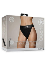 Load image into Gallery viewer, Ouch! Vibrating Strap-On Panty Harness with Open Back with Rechargeable Bullet - Varous Sizes - Black
