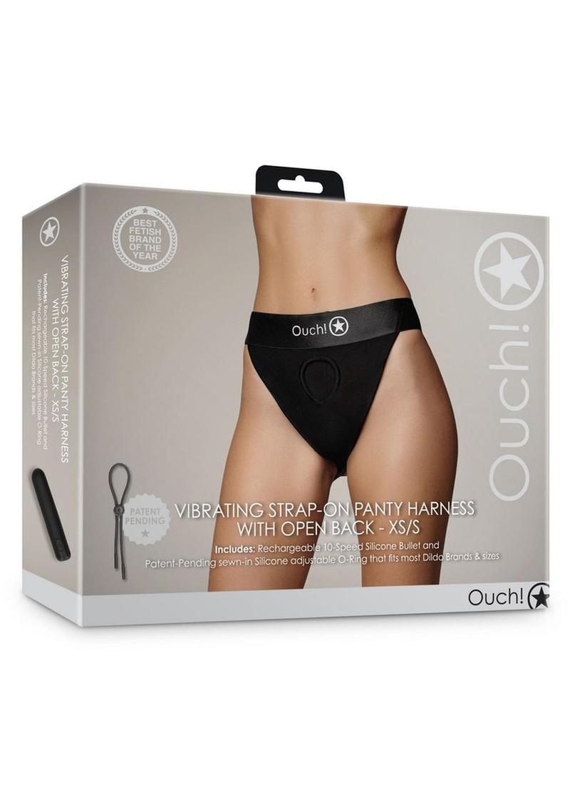 Ouch! Vibrating Strap-On Panty Harness with Open Back with Rechargeable Bullet - Varous Sizes - Black