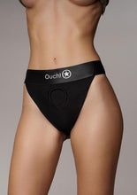 Load image into Gallery viewer, Ouch! Vibrating Strap-On Panty Harness with Open Back with Rechargeable Bullet - Varous Sizes - Black
