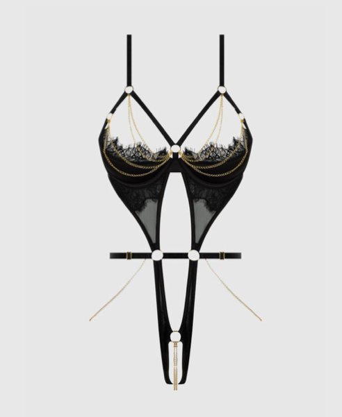 HOUSE OF DESIRE: Eve Open Cup & Crotchless Harness Teddy - Black/Gold