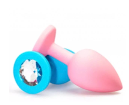 PINK ELEPHANT: SMALL Blue Silicone Anal Plug with Clear Removeable Gem