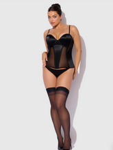 Load image into Gallery viewer, HOUSE OF DESIRE: JULIET SATIN &amp; MESH PLUNGE UNDERWIRE CORSET
