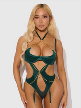 Load image into Gallery viewer, HOUSE OF DESIRE: EVANGELINE SATIN &amp; CHAIN HALTER TEDDY
