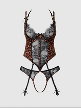 Load image into Gallery viewer, HOUSE OF DESIRE : DEVON Leopard and Lace Crotch-less Teddy
