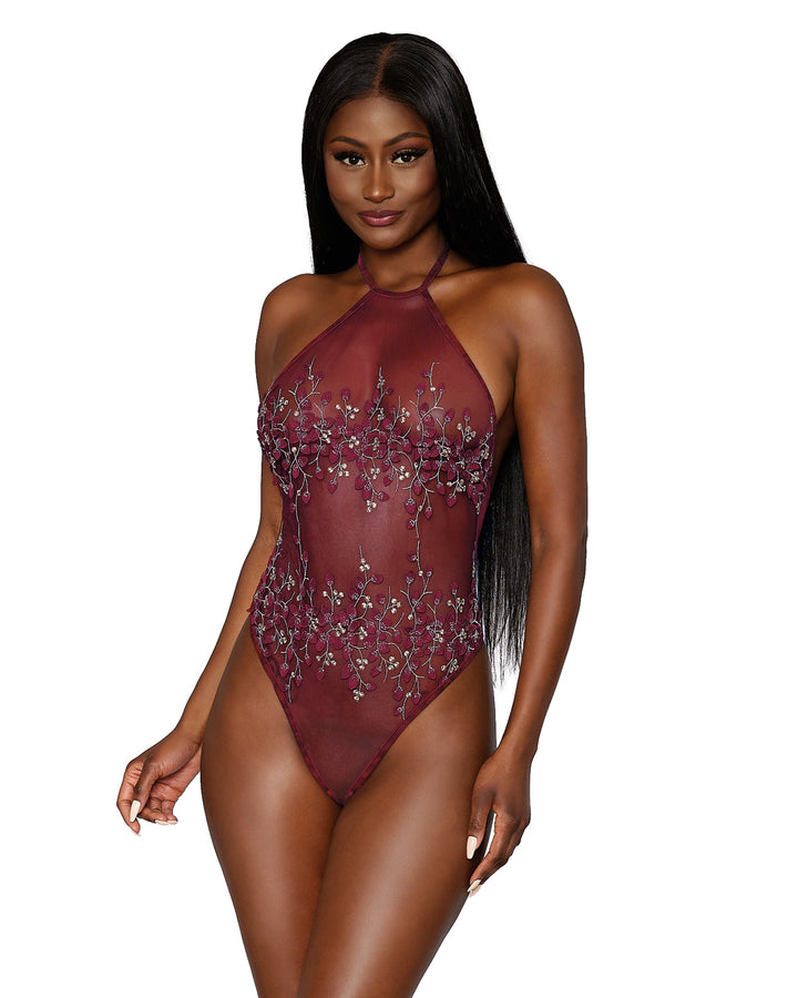 DREAMGIRL: Delicate Sheer Mesh with Metallic and Satin Thread Floral Embroidery Teddy *SALE ITEM*