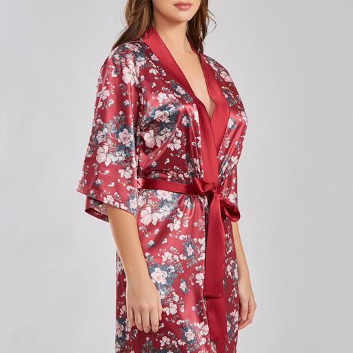 I Collection satin floral robe with satin trim