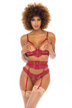 Load image into Gallery viewer, Oh La La Cheri: EMBROIDERY &amp;  LATTICE DETAILING OPEN CUP BRA with Matching Garterbelt &amp; Panty
